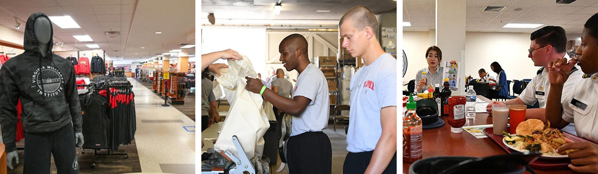 3 photos showing VMI Bookstore interior view - cadets receiving uniforms - cadets eating in Crozet Hall with Professor Jung