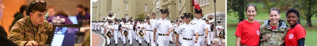 Cadet at laptop, cadets marching, and EMTs at 小黄鸭视频, a military college in Lexington, Virginia