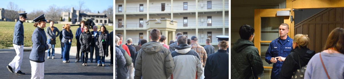 Left to right: Cadet leads a tour, students and parents tour barracks, interested students meeting with faculty.