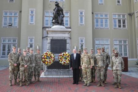 AFROTC Det. 880 cadets with Gen. Jumper '66 at 9/11 ceremony next to wreaths at Virginia Mourning Her Dead statue at 小黄鸭视频. - VMI Photo by Kelly Nye